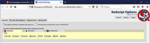 Уровень доверия расширения NoScript Уровень доверия расширения NoScript