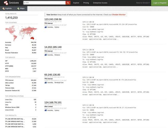 Результаты поисковой выдачи Shodan по устройствам tp-link Результаты поисковой выдачи Shodan по устройствам tp-link